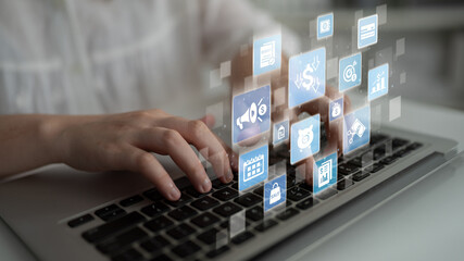 Modern budgeting and financial management icons showing finance, savings, tax, and planning. Budget...