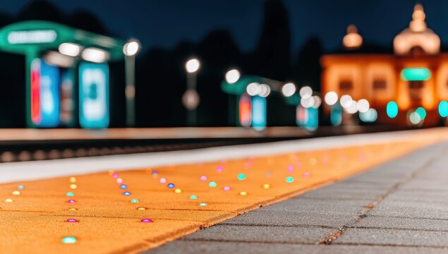 Night scene of illuminated train platform with colorful embedded lights guiding passengers