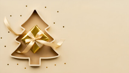 Minimalist Christmas Tree Tray with Gold Wrapped Gift on Beige Background