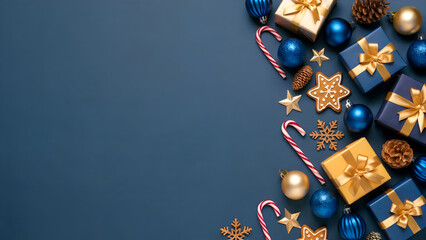Christmas Flat Lay Background with Gifts, Candy Canes, Ornaments and Gingerbread on Dark Blue