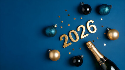 New Year 2026 Celebration Background with Champagne Bottle and Christmas Ornaments on Blue