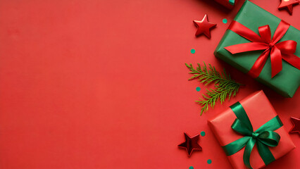 Christmas Gift Flat Lay with Red and Green Presents, Stars and Evergreen Branches on Red Background