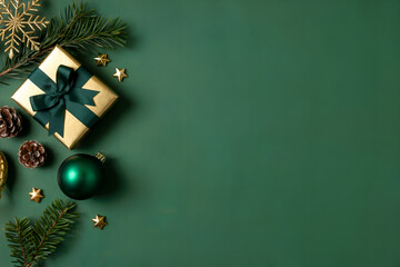 Elegant Christmas Flat Lay with Gold Gift Box, Green Ornaments, Pinecones and Fir Branches on Green Background
