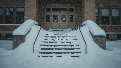 School Entrance Completely Covered in Heavy Snow During Winter Storm Showing Blocked Doors, Harsh Weather Conditions and Severe Snowfall Impact on Local Community Infrastructure