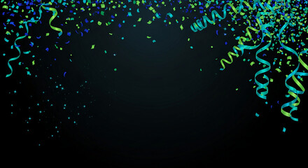Image of falling confetti and spiral ribbon on dark background, celebrating event or party. Festive, joyous decoration, representing occasion celebration