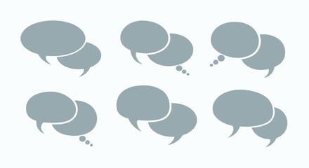 A collection of six simple speech bubble icons in a muted green-grey color representing dialogue conversation and communication.