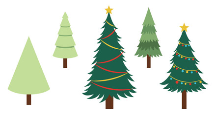 A set of five Christmas tree illustrations in various styles from simple geometric shapes to decorated with lights and garlands.