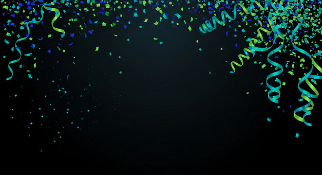 Image of falling confetti and spiral ribbon on dark background, celebrating event or party. Festive, joyous decoration, representing occasion celebration