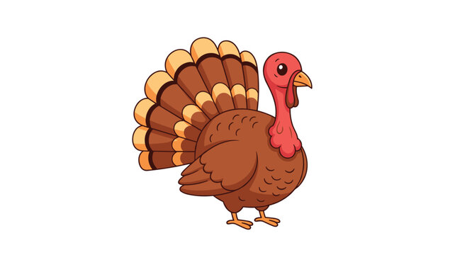 A cute and friendly cartoon turkey with colorful tail feathers standing on a clean white background for Thanksgiving holiday designs.