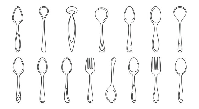 A collection of fifteen different spoons and forks in a clean black and white line art style for kitchen and cutlery designs.