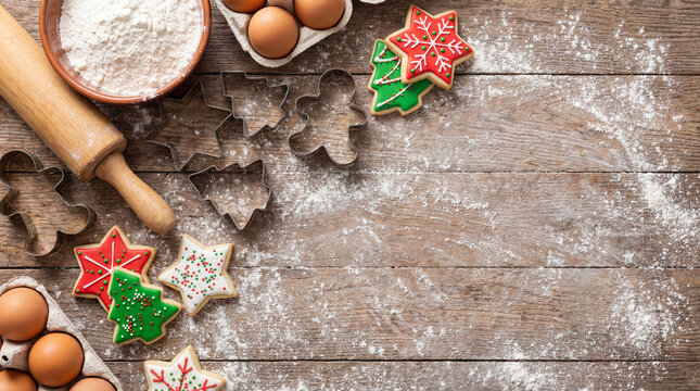 Christmas baking background with decorated cookies, ingredients, and cookie cutters on floured wooden table with copy space.