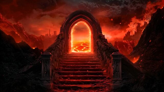 Archway to hell with glowing lava pool portal and fiery landscape, dark rock stairs leading to eternal damnation, abstract digital art animation