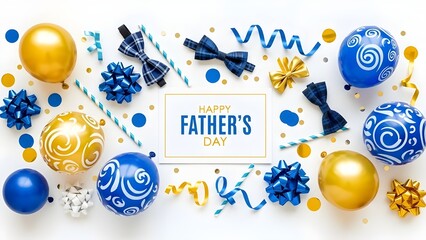 Happy fathers day celebration flat lay with blue and gold balloons, ribbons, bow ties, and confetti, isolated on white background