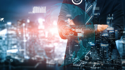 A businessman stands confidently over a dynamic cityscape, surrounded by digital data visualization and analytics, representing the interconnected modern business world. Xenic