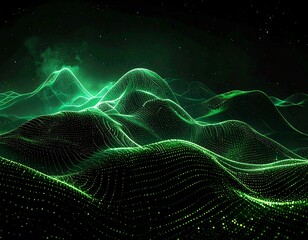 Glowing green digital landscape with undulating hills under a starry sky, evoking a futuristic, ethereal feeling