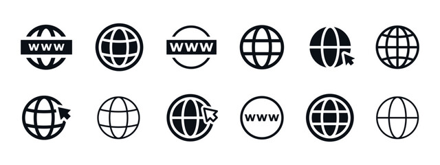 Globe icon. World wide web vector with www label and cursor pointer elements symbol. Internet domain navigation sign for global browsing concept pictogram.