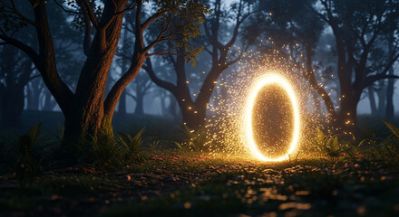 Glowing portal in a dark forest, sparkling light, representing a gateway, entrance, passage, or magic, adventure and exploration concept