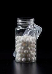 Small white homeopathic sugar pills contained within transparent synthetic plastic packaging, emphasizing environmental impact and material contrast ,object ,pills ,packaging