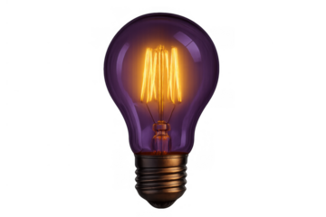 Glowing purple filament light bulb symbolizing creative ideas, innovation, and electrical energy, transparent background