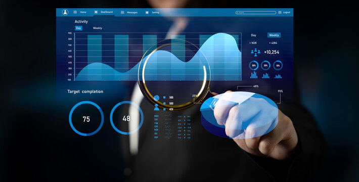 A business professional engages with a high-tech data dashboard, analyzing performance metrics and visualizing trends to enhance decision-making processes. Impute