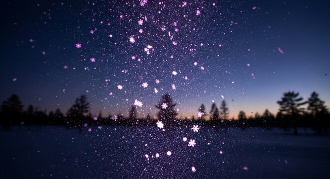Winter landscape with falling purple snowflakes over snow and trees against a twilight sky, representing a serene and festive atmosphere, for holiday themes - Powered by Adobe