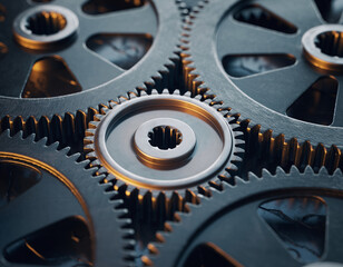 Close up view of interlocking metal gears with intricate tooth patterns design