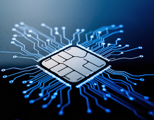 Close up shot of a microchip with blue lines on a dark blue to black background