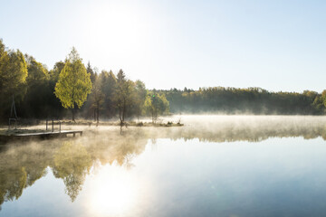 Fototapeta premium Mirror-Smooth Lake Reflects Serene Forest on Sunny Day for Peaceful Nature Scene.