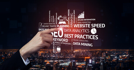 A hand points at compelling SEO concepts including data analytics and website speed against a...