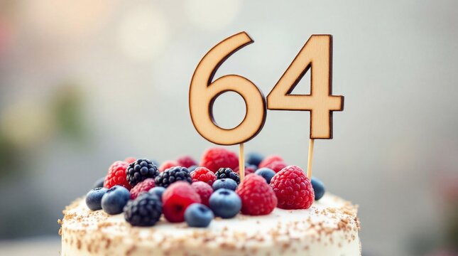 Close-up of a white cake decorated with fresh berries and a wooden 64 number topper, celebrating a 64th birthday or anniversary