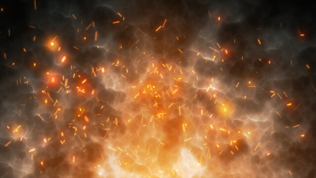 Fiery explosion of glowing orange sparks and smoke in a dynamic motion blur