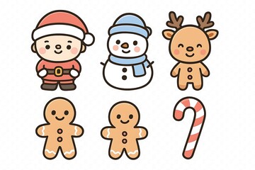 Cute Christmas gingerbread man and woman cookies in a fun cartoon holiday style with winter decoration set for kids