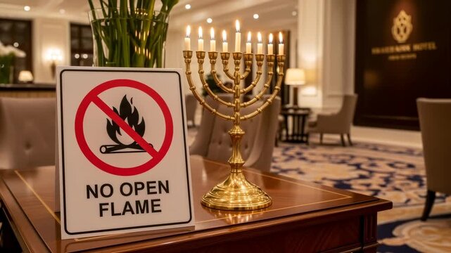 Progressive lighting of a Hanukkah menorah, demonstrating fire safety concerns with a no open flame sign for holiday celebration video