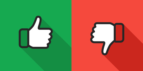 Like dislike illustration. Flat thumb gesture with long shadow for approve or reject feedback symbol. Bold green and red contrast for vote choice sign. Clean minimal rating action concept.