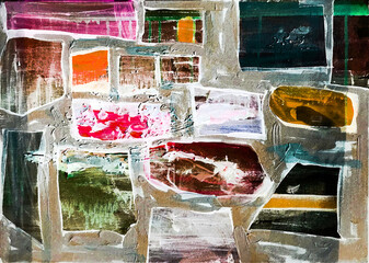 Abstract painting with overlapping rectangular and irregular shapes in vibrant tones of pink, green, brown, and gold, layered with textured brushstrokes for a dynamic modern composition.