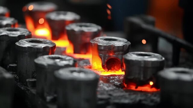Medium shot of steel parts undergoing lowintensity carburizing highlighting early surface hardness development in an industrial furnace.