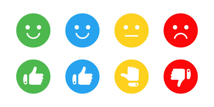 Emoticon feedback icon. Colorful smile, neutral and sad face reactions for rating and emotion evaluation vector. Like and dislike choices for UI voting sign. Clear expression concept pictogram.