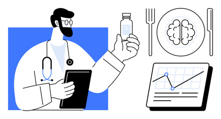 Doctor holding a pill bottle and tablet with a focus on health trends, nutrition, and cognitive care. Brain on a plate beside cutlery and analytics graph. Ideal for healthcare, data science