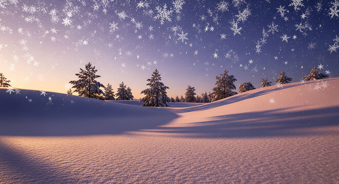 Scenic image of snow-covered field with conifer trees and falling snowflakes, representing winter beauty, holiday spirit and peaceful, serene landscape
