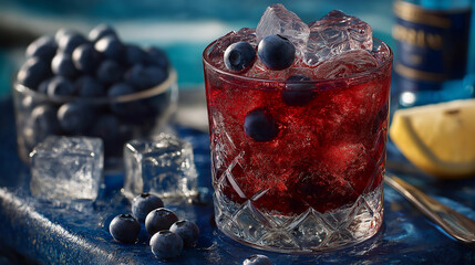 Refreshing blue drink with ice and blueberries, served in a stylish glass, surrounded by fresh blueberries and a lemon wedge on a vibrant blue background.