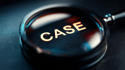 A close-up view of a magnifying glass highlighting the word CASE on a textured surface, evoking a sense of investigation and mystery.