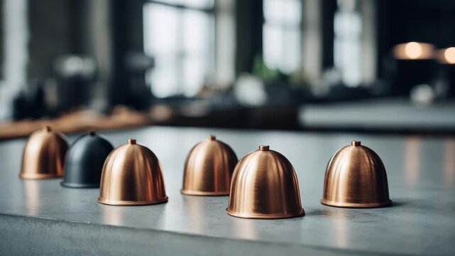 Medium shot of decorative electrolytic copper plating highlighting the smooth shiny finish on metal objects under bright workshop lighting.