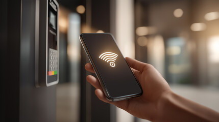 A person holds a smartphone displaying a WiFi symbol while interacting with a contactless payment terminal, illustrating modern payment technology.