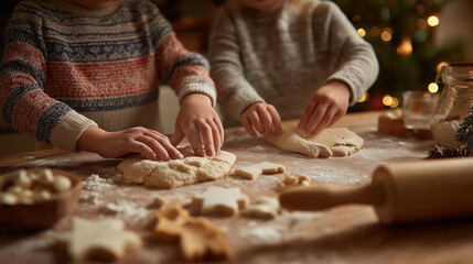 Kids joyfully bake holiday cookies, shaping dough with flour on a wooden table, surrounded by festive decorations and warm lighting.