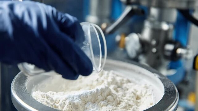 Medium shot of synthetic beryllium alternative powders being carefully mixed in a controlled industrial setting