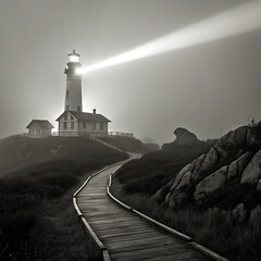 A solitary lighthouse stands tall on a misty coastline its powerful beam cutting through the fog to guide ships safely through the darkness illuminating a winding path