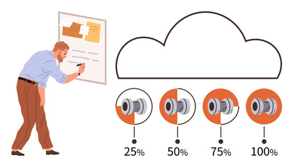 Man writing on whiteboard, cloud graphic with four progress indicators at 25, 50, 75, 100. Ideal for project planning, data analysis, cloud storage, team management workflow optimization