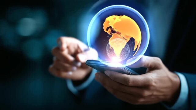Faceless businessman holding smartphone with futuristic digital interface showing AI technology hologram artificial intelligence symbol glowing on dark defocused background - Powered by Adobe