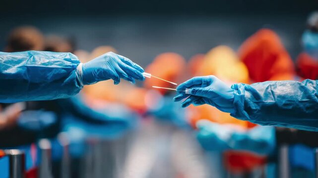 Medium shot of a security agent quickly collecting swab samples from passengers hands for trace detection during the screening procedure