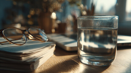 A close-up of a glass of water beside reading glasses and notebooks, reflecting soft light in a cozy workspace, creating a serene atmosphere for contemplation.